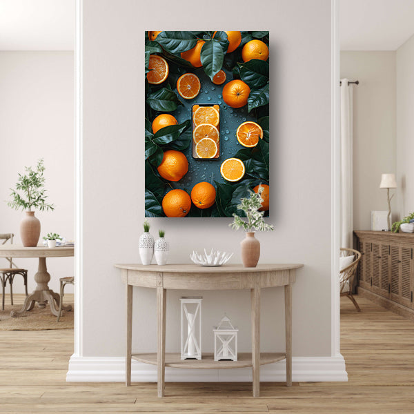 Minimalistisch stilleven met fruit en telefoon canvas