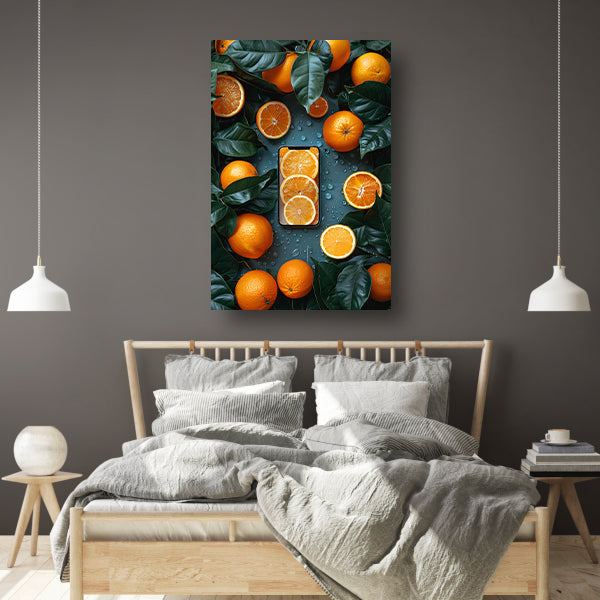 Minimalistisch stilleven met fruit en telefoon canvas