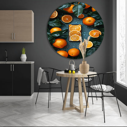 Minimalistisch stilleven met fruit en telefoon aluminium muurcirkel