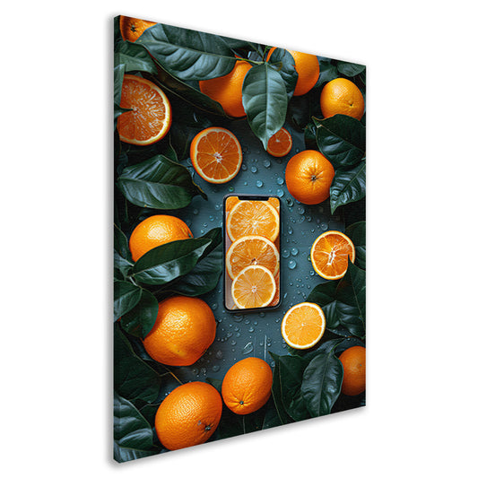 Minimalistisch stilleven met fruit en telefoon canvas