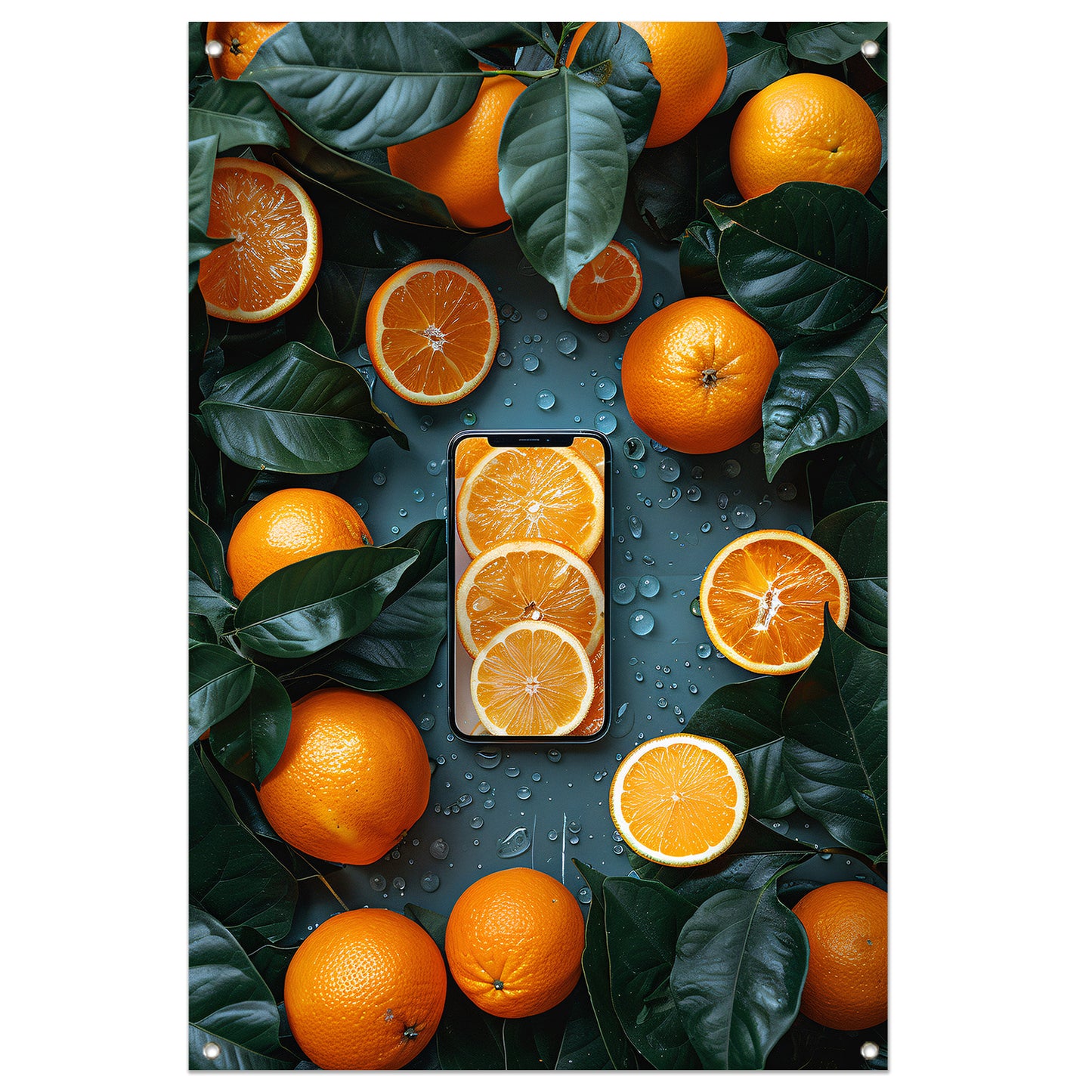 Minimalistisch stilleven met fruit en telefoon tuinposter