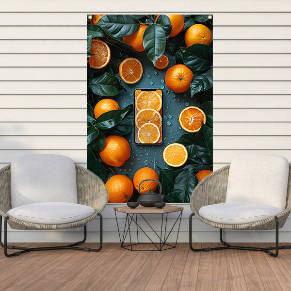 Minimalistisch stilleven met fruit en telefoon tuinposter