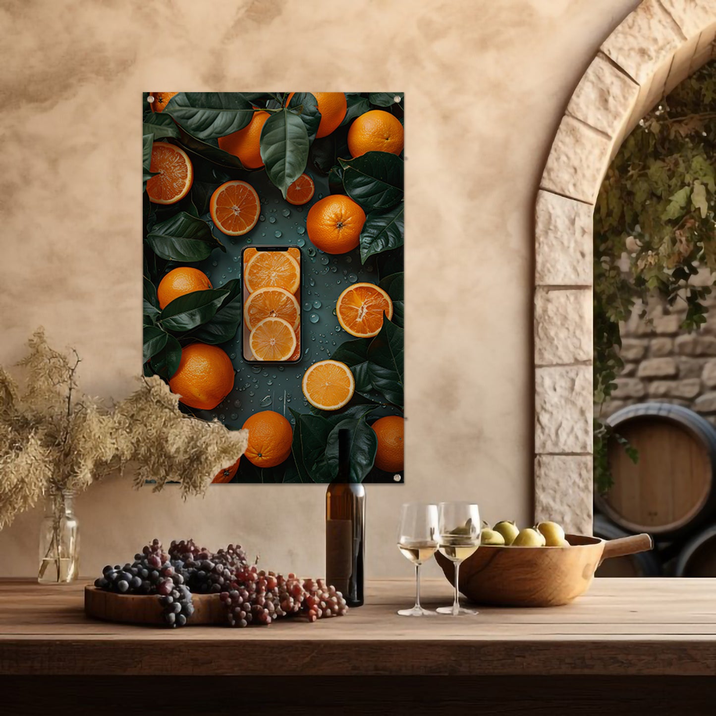 Minimalistisch stilleven met fruit en telefoon tuinposter