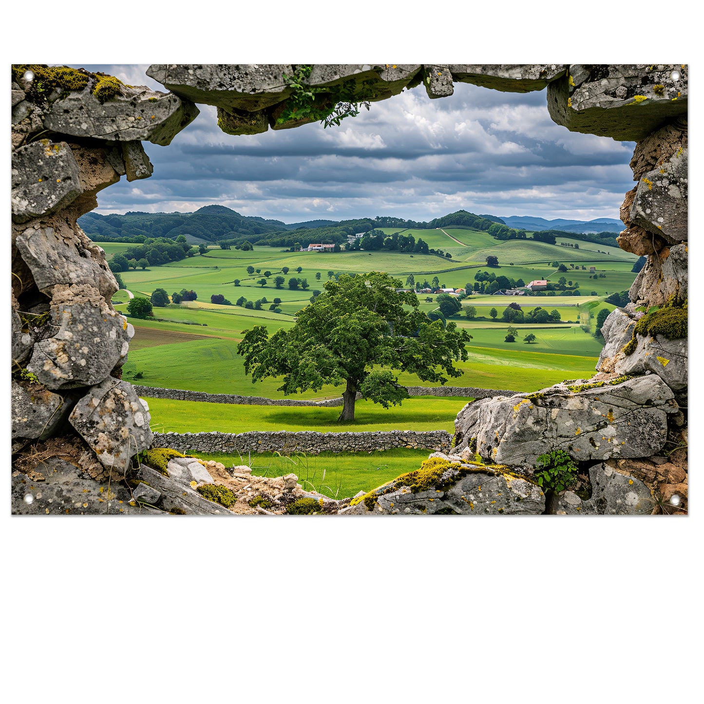 Landelijk Panorama door Stenen Raam tuinposter