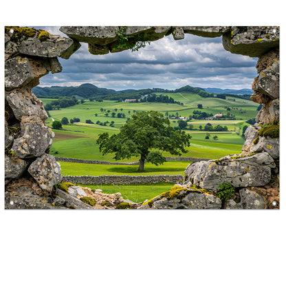 Landelijk Panorama door Stenen Raam tuinposter