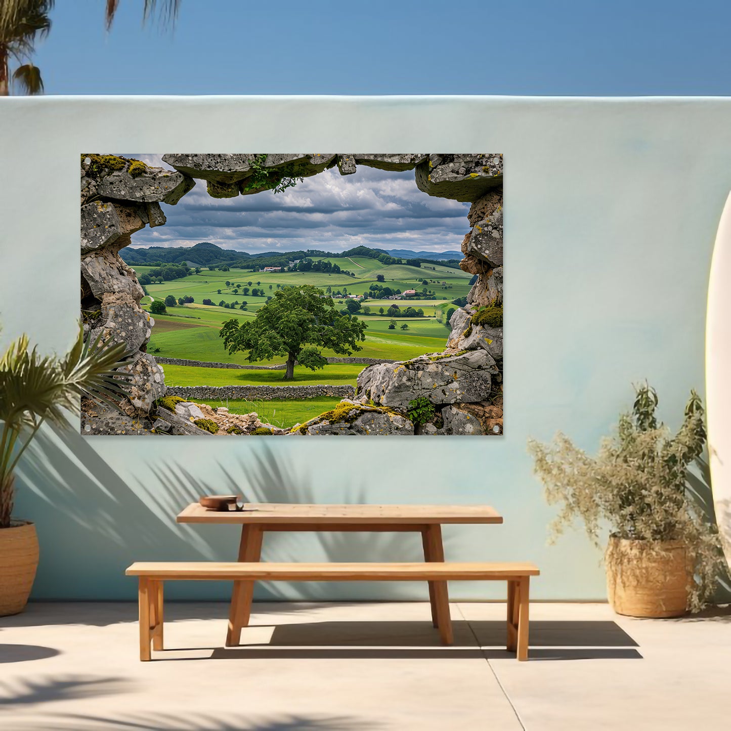 Landelijk Panorama door Stenen Raam tuinposter