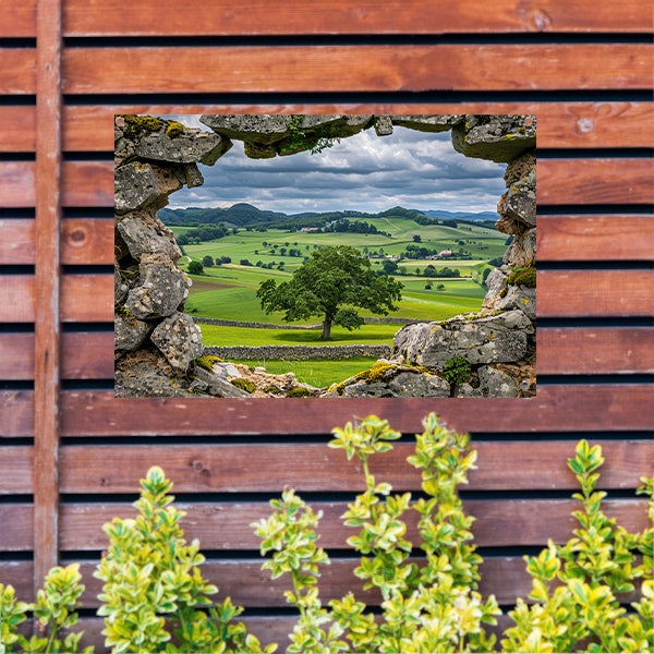 Landelijk Panorama door Stenen Raam tuinposter