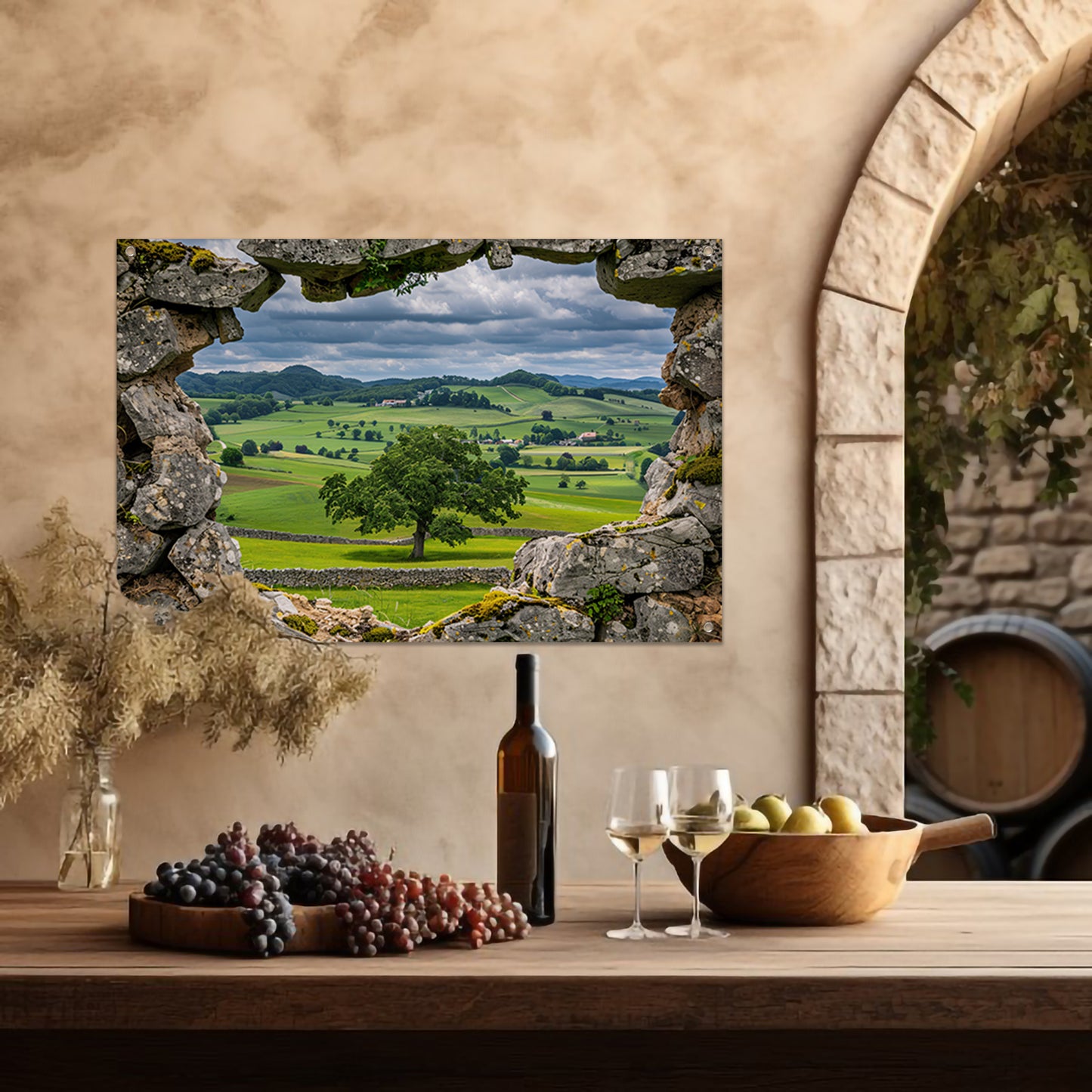 Landelijk Panorama door Stenen Raam tuinposter