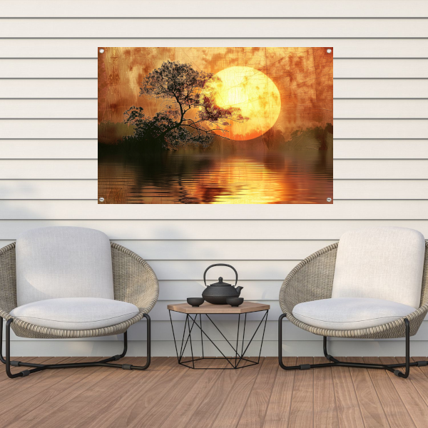 Zonsondergang met Wilgenboom tuinposter