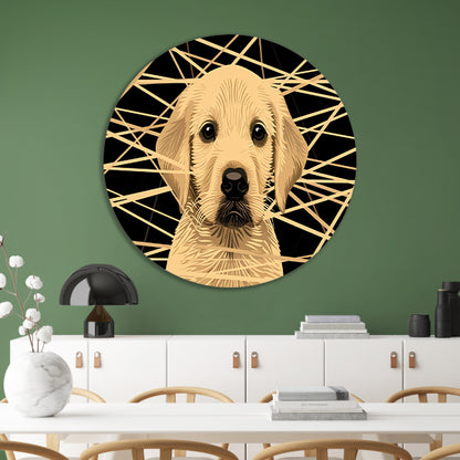 Schattige hond met abstracte lijnen kunst aluminium muurcirkel
