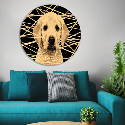 Schattige hond met abstracte lijnen kunst aluminium muurcirkel