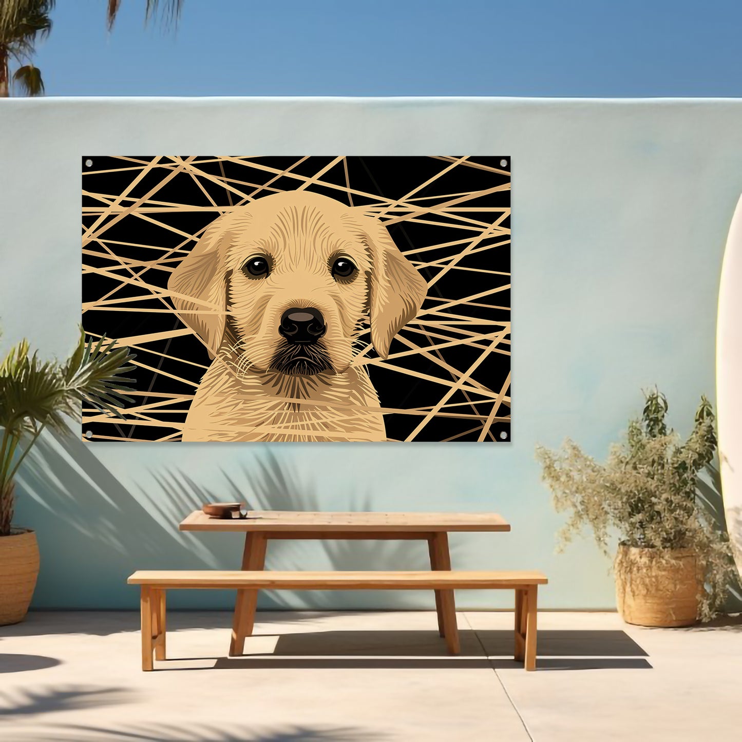 Schattige hond met abstracte lijnen kunst tuinposter