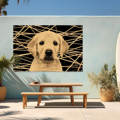 Schattige hond met abstracte lijnen kunst tuinposter