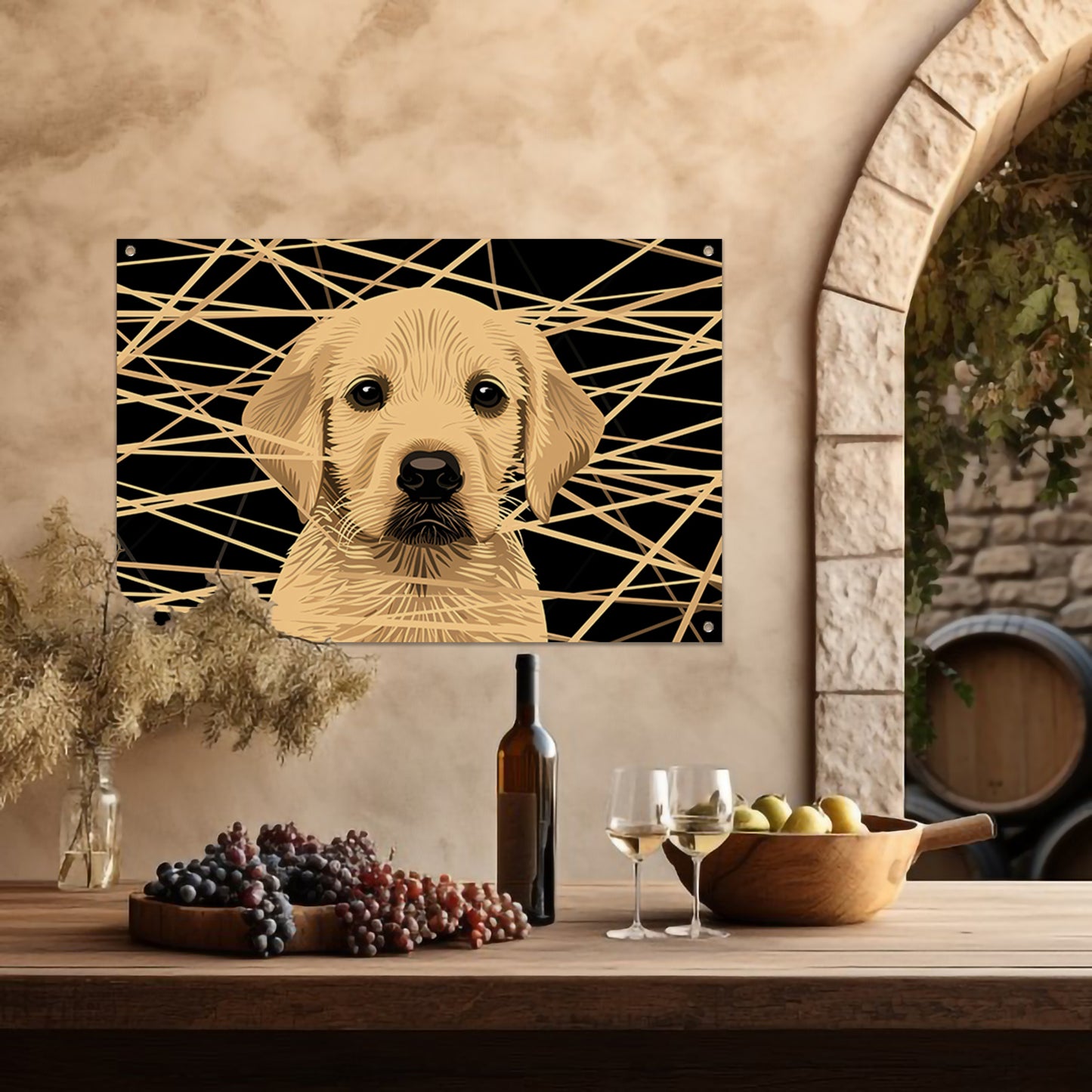 Schattige hond met abstracte lijnen kunst tuinposter