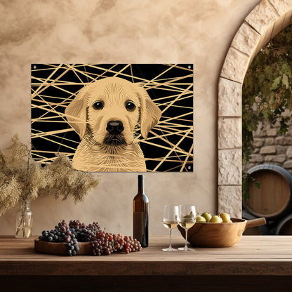 Schattige hond met abstracte lijnen kunst tuinposter