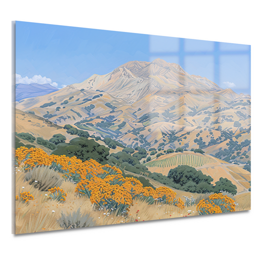 Heuvelachtig landschap met bloemen en berg acrylglas