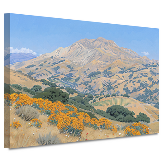 Heuvelachtig landschap met bloemen en berg canvas