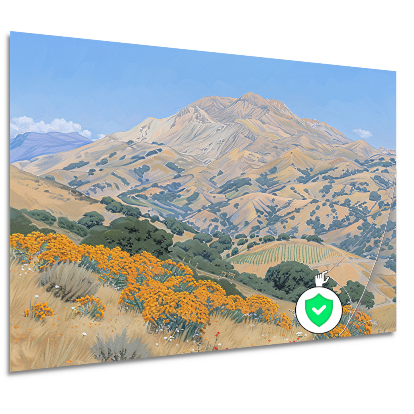 Heuvelachtig landschap met bloemen en berg poster
