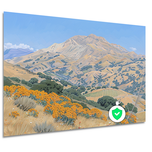 Heuvelachtig landschap met bloemen en berg poster