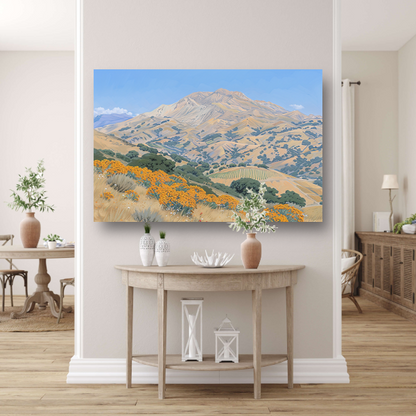 Heuvelachtig landschap met bloemen en berg canvas