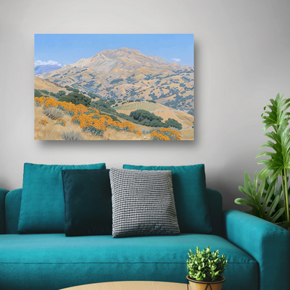 Heuvelachtig landschap met bloemen en berg canvas