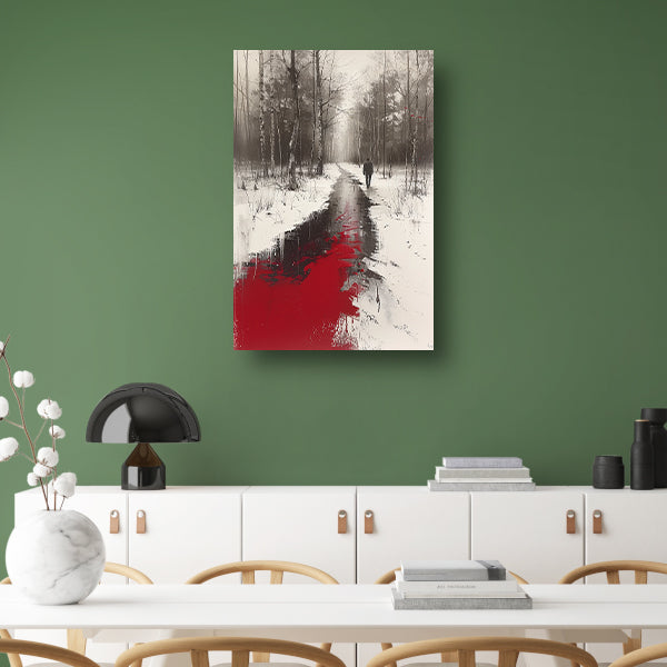 Eenzame figuur in een met bloed bevlekt bos poster