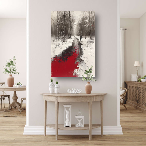 Eenzame figuur in een met bloed bevlekt bos canvas met baklijst