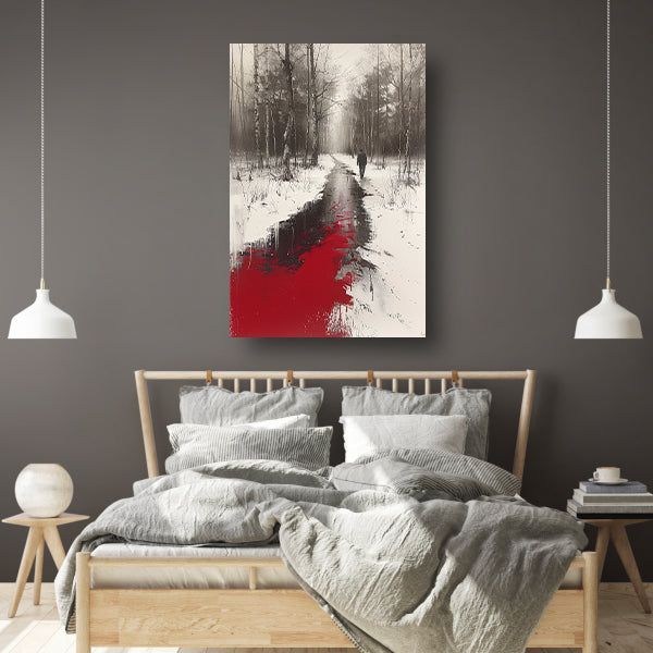 Eenzame figuur in een met bloed bevlekt bos canvas met baklijst