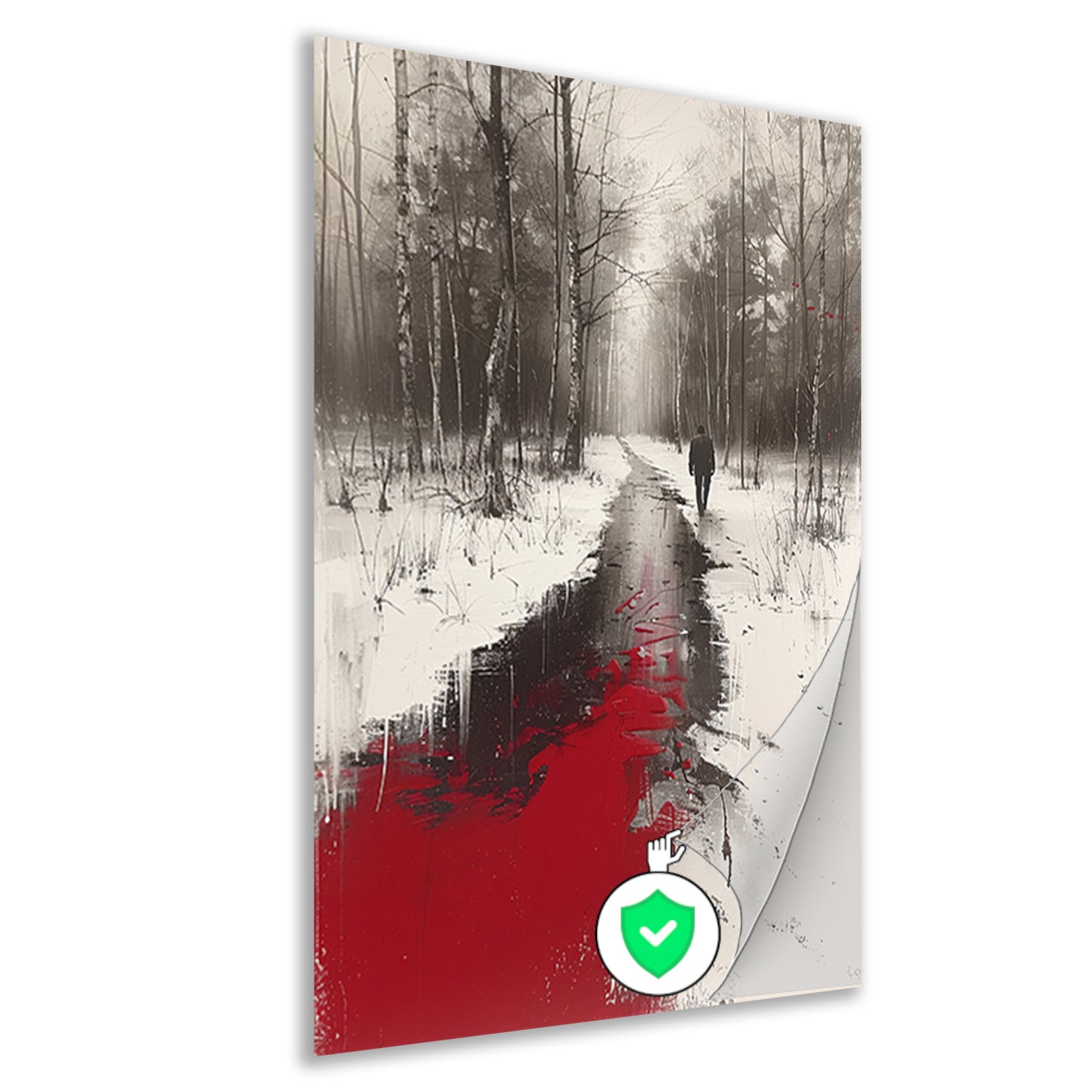 Eenzame figuur in een met bloed bevlekt bos poster