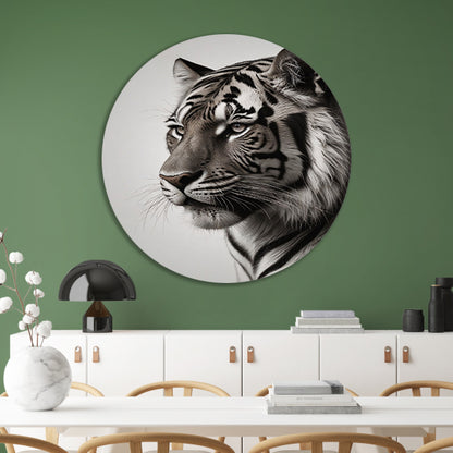 Majestueuze Tijger in Zwart-Wit aluminium muurcirkel