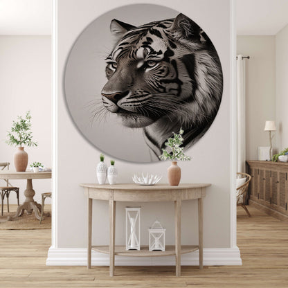 Majestueuze Tijger in Zwart-Wit aluminium muurcirkel
