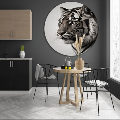 Majestueuze Tijger in Zwart-Wit aluminium muurcirkel