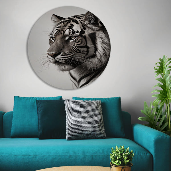 Majestueuze Tijger in Zwart-Wit aluminium muurcirkel
