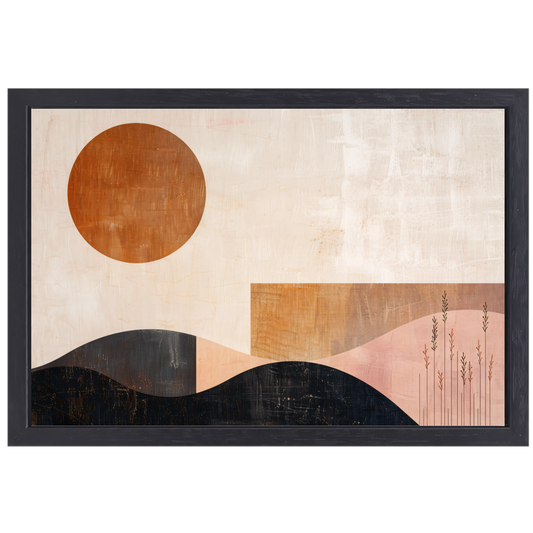 Stille landschap met bruine zon en planten canvas met baklijst