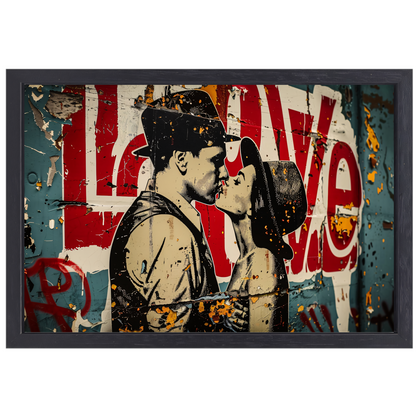 Verstrengelde liefde tegen een stedelijke achtergrond canvas met baklijst