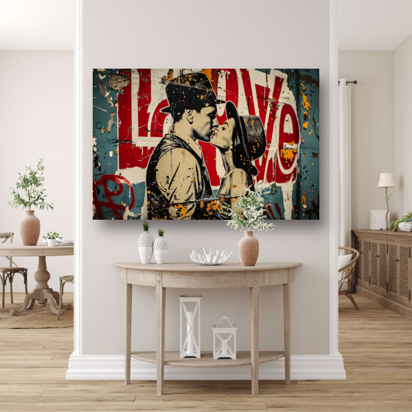 Verstrengelde liefde tegen een stedelijke achtergrond canvas met baklijst