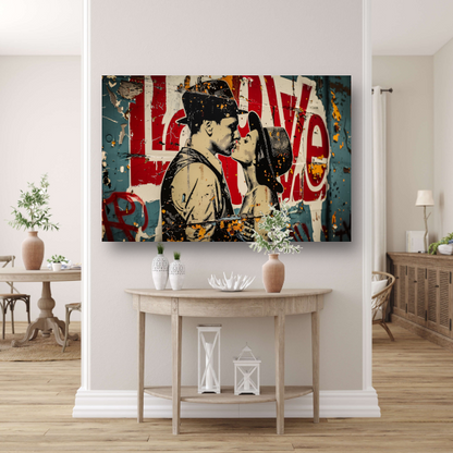 Verstrengelde liefde tegen een stedelijke achtergrond canvas met baklijst