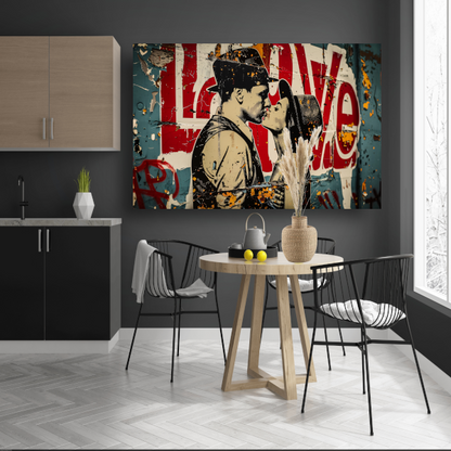 Verstrengelde liefde tegen een stedelijke achtergrond canvas met baklijst