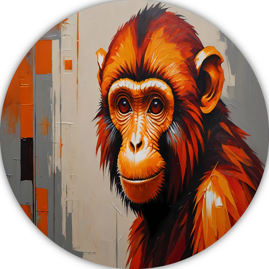 Expressieve aap in oranje en rood aluminium muurcirkel