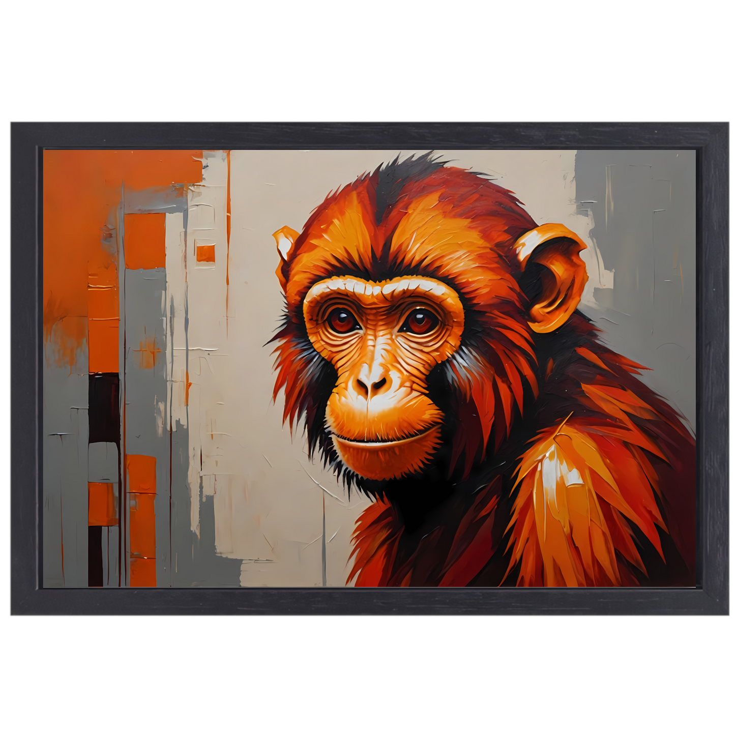 Expressieve aap in oranje en rood canvas met baklijst