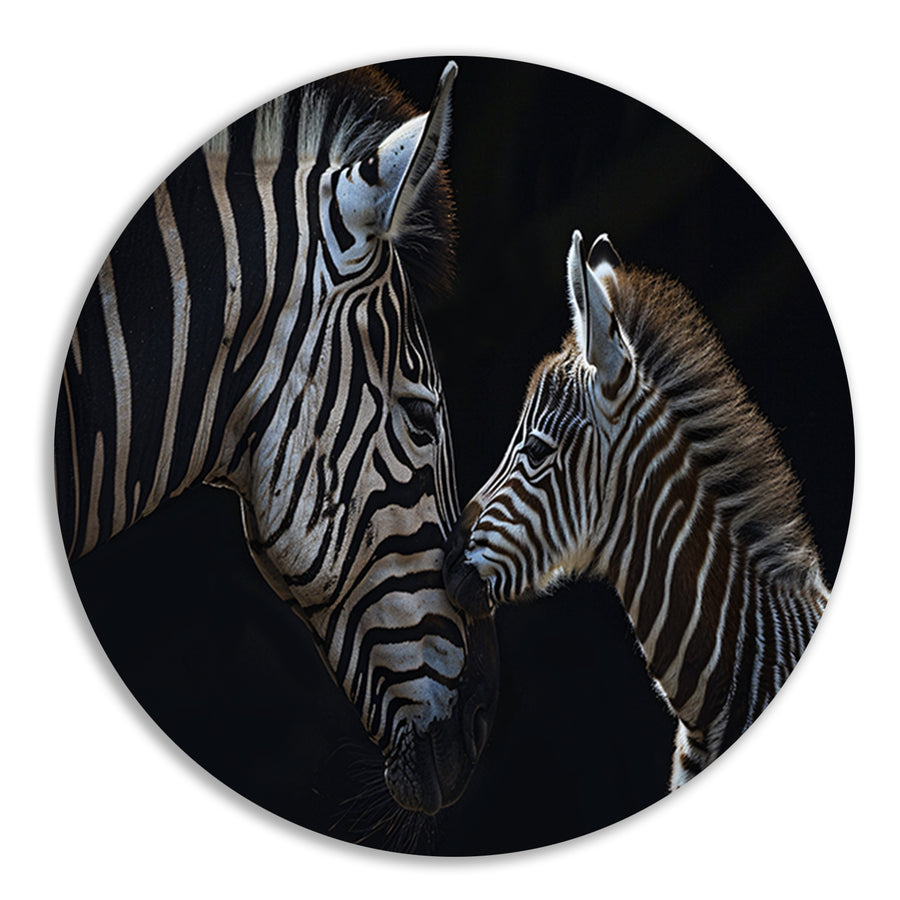 Intiem moment tussen twee zebras aluminium muurcirkel