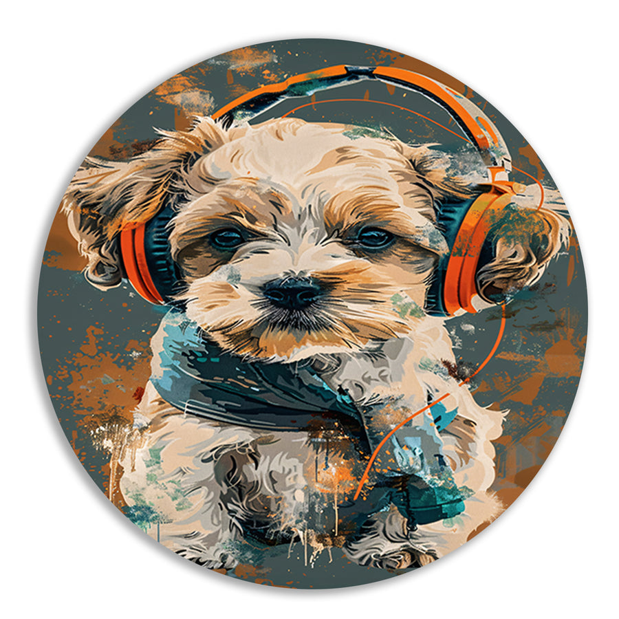 Portret van een Hond met Koptelefoon forex muurcirkel