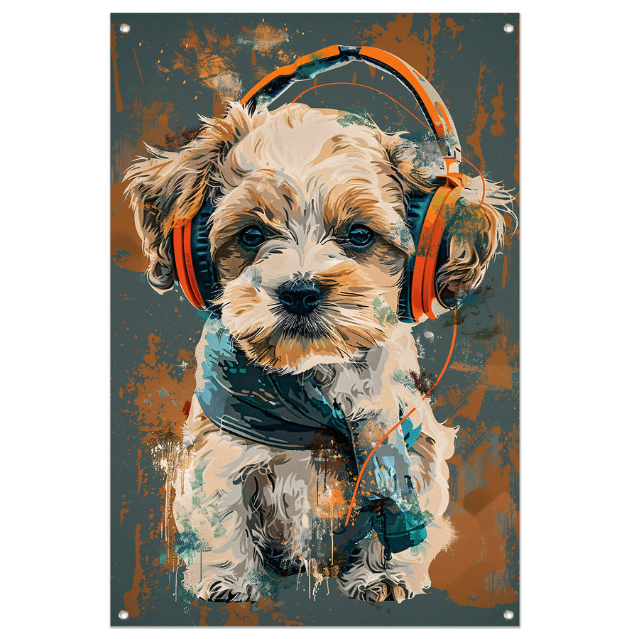 Portret van een Hond met Koptelefoon tuinposter