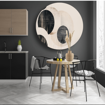 Overlappende cirkels in neutrale tinten aluminium muurcirkel