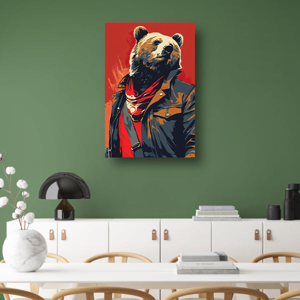 Digitale kunstprint van beer met leren jack canvas met baklijst