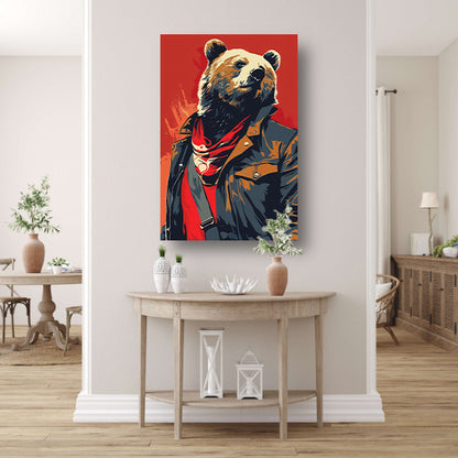 Digitale kunstprint van beer met leren jack canvas met baklijst