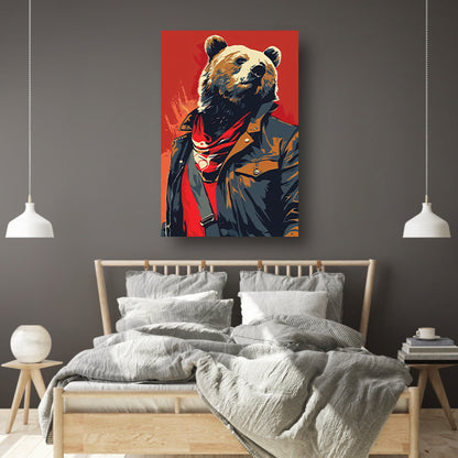 Digitale kunstprint van beer met leren jack canvas met baklijst