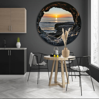 Zonsondergang aan Zee door Stenen Grot aluminium muurcirkel