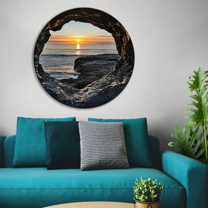Zonsondergang aan Zee door Stenen Grot aluminium muurcirkel