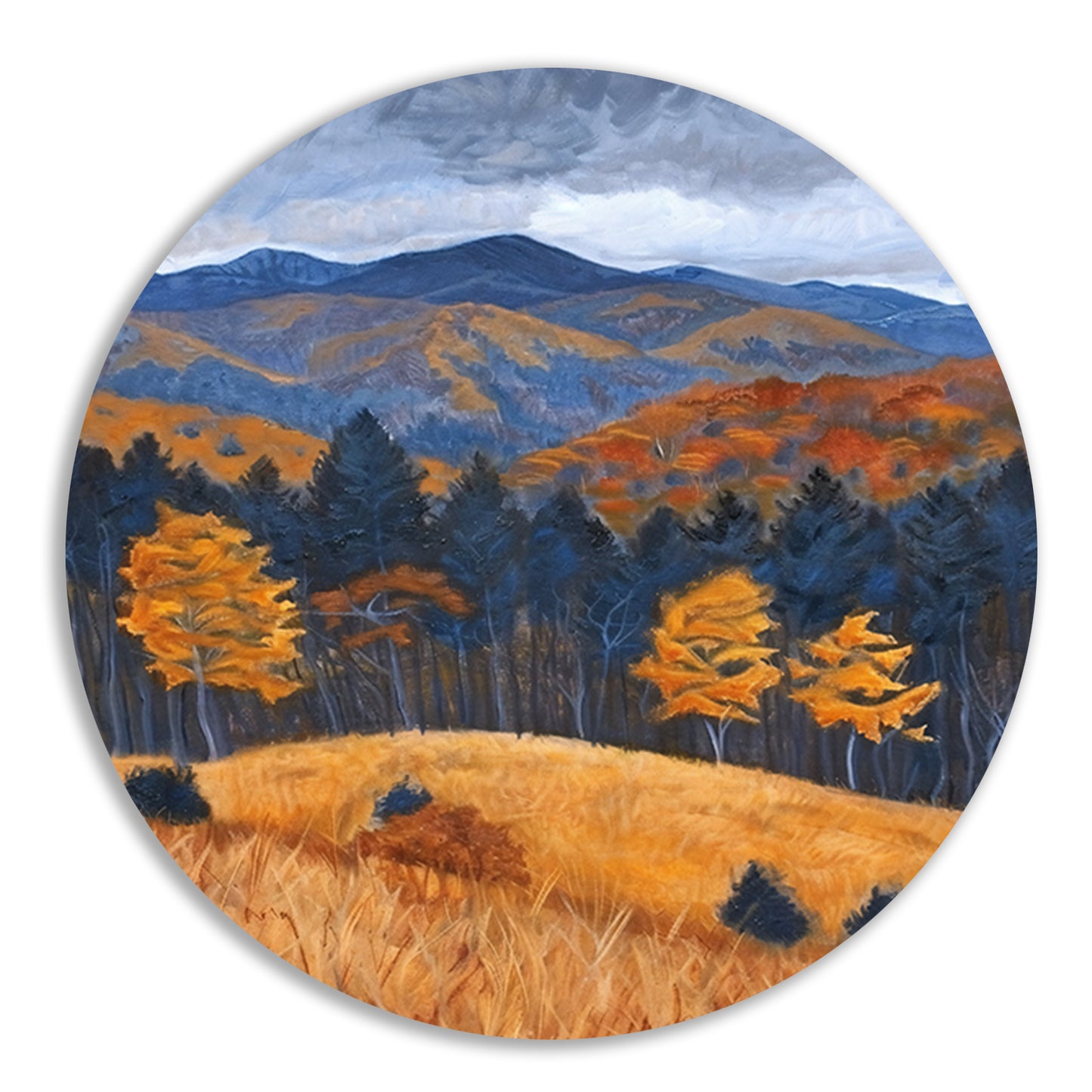 Herfstlandschap met bergen en kleurrijke bomen aluminium muurcirkel